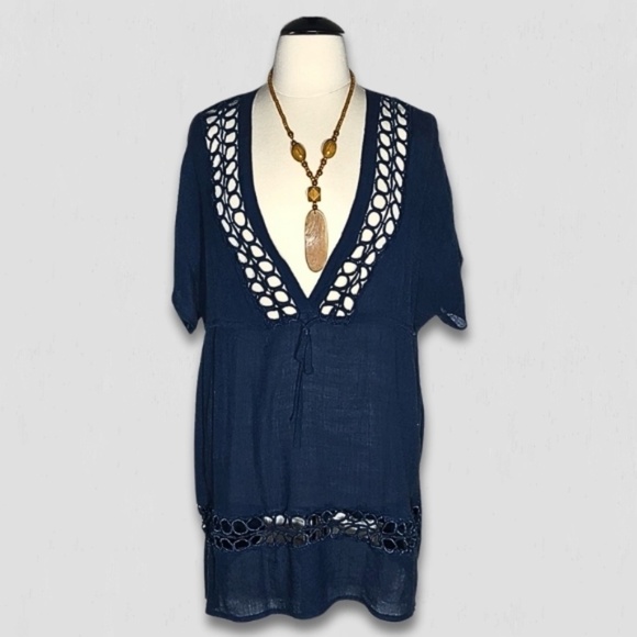 Vintage Y2K Cover Up Dress Crochet Deep V Neck Blue 3X - Picture 3 of 15